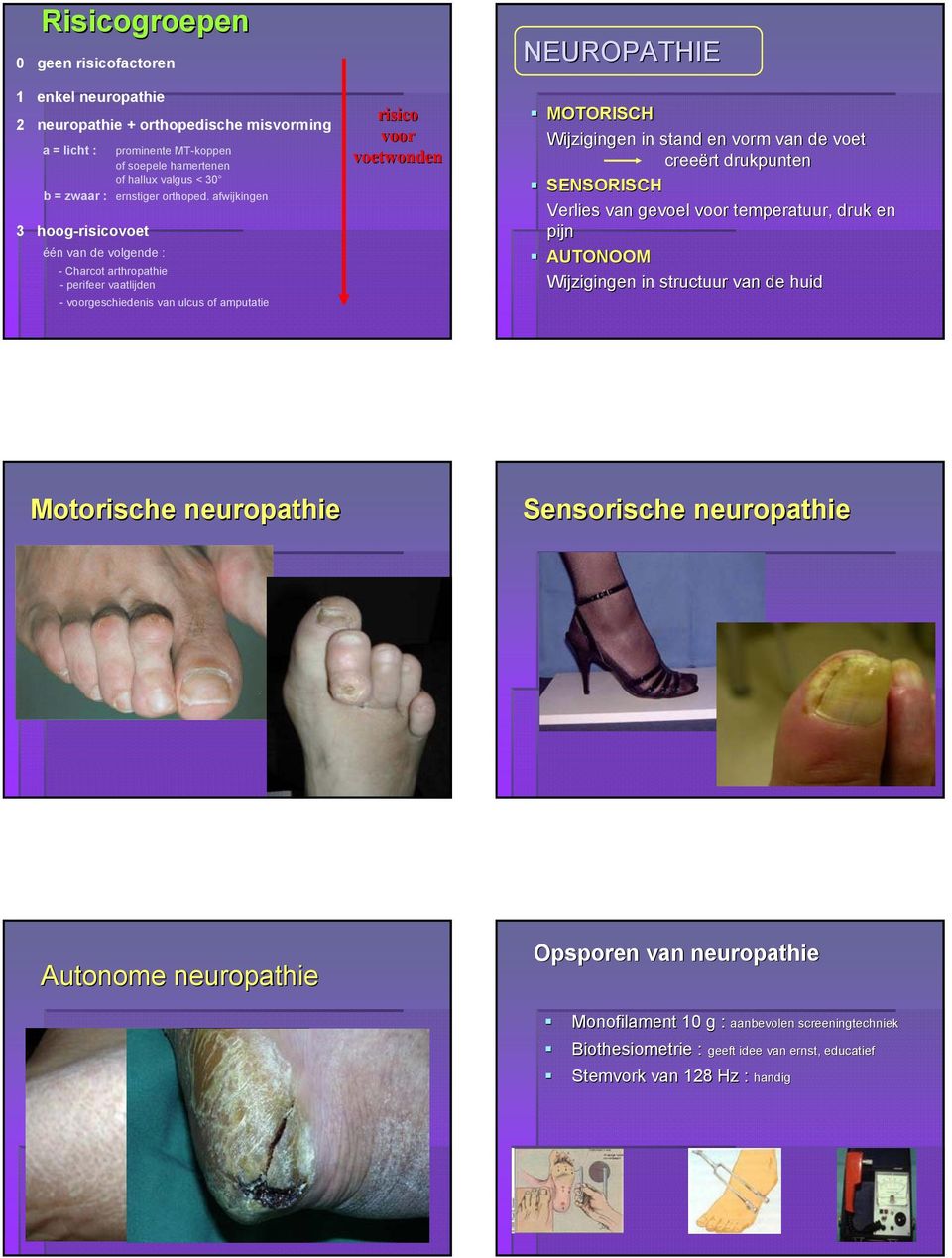 afwijkingen 3 hoog-risicovoet één van de volgende : - Charcot arthropathie - perifeer vaatlijden - voorgeschiedenis van ulcus of amputatie risico voor voetwonden NEUROPATHIE MOTORISCH Wijzigingen in