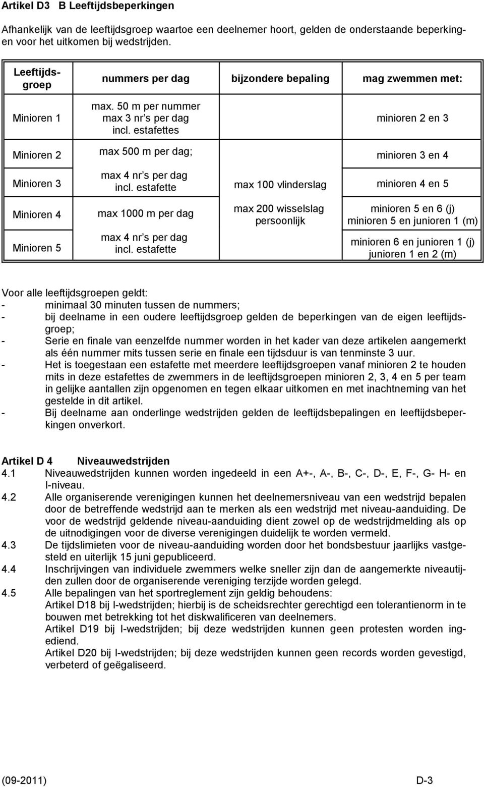 estafettes max 500 m per dag; minioren 2 en 3 minioren 3 en 4 max 4 nr s per dag Minioren 3 minioren 4 en incl.