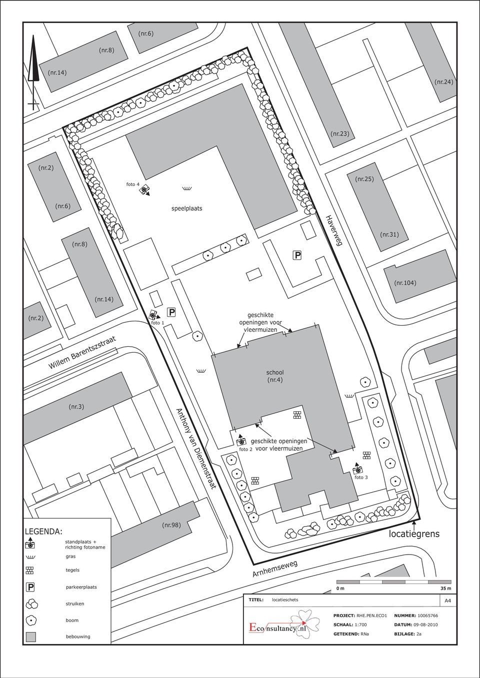 98) locatiegrens gras tegels Arnhemseweg P parkeerplaats 0 m 35 m struiken TITEL: locatieschets A4 boom PROJECT: RHE.PEN.