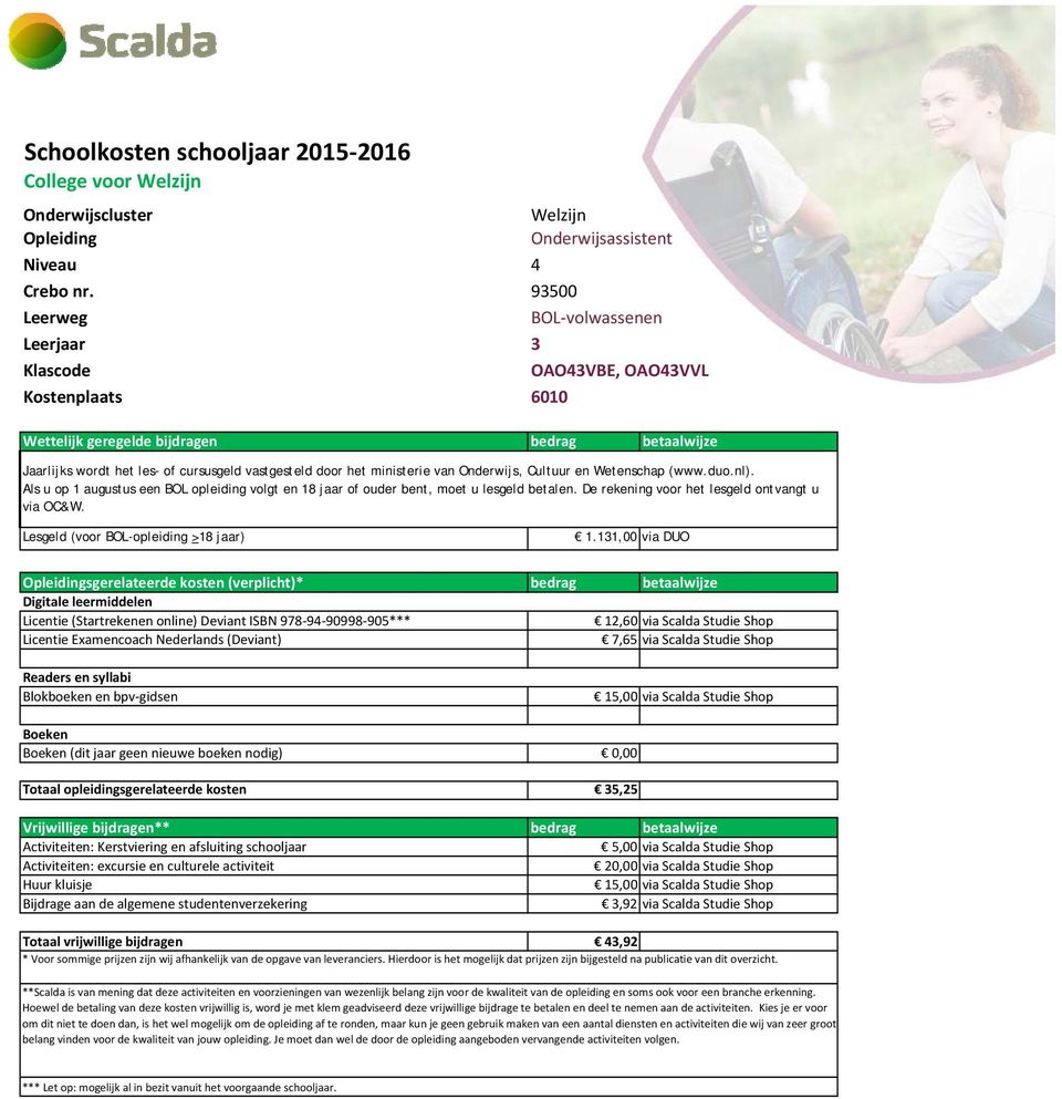 Totaal opleidingsgerelateerde kosten 35,25 5,00 via Scalda Studie Shop 20,00 via Scalda