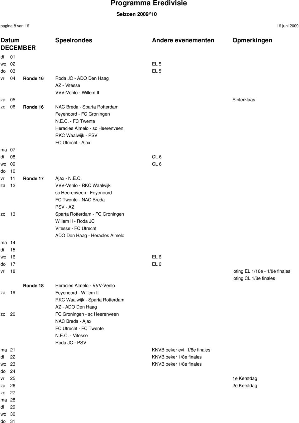 Heerenveen - Feyenoord FC Twente - NAC Breda PSV - AZ zo 13 Sparta Rotterdam - FC Groningen Willem II - Roda JC Vitesse - FC Utrecht ADO Den Haag - Heracles Almelo ma 14 di 15 wo 16 EL 6 do 17 EL 6