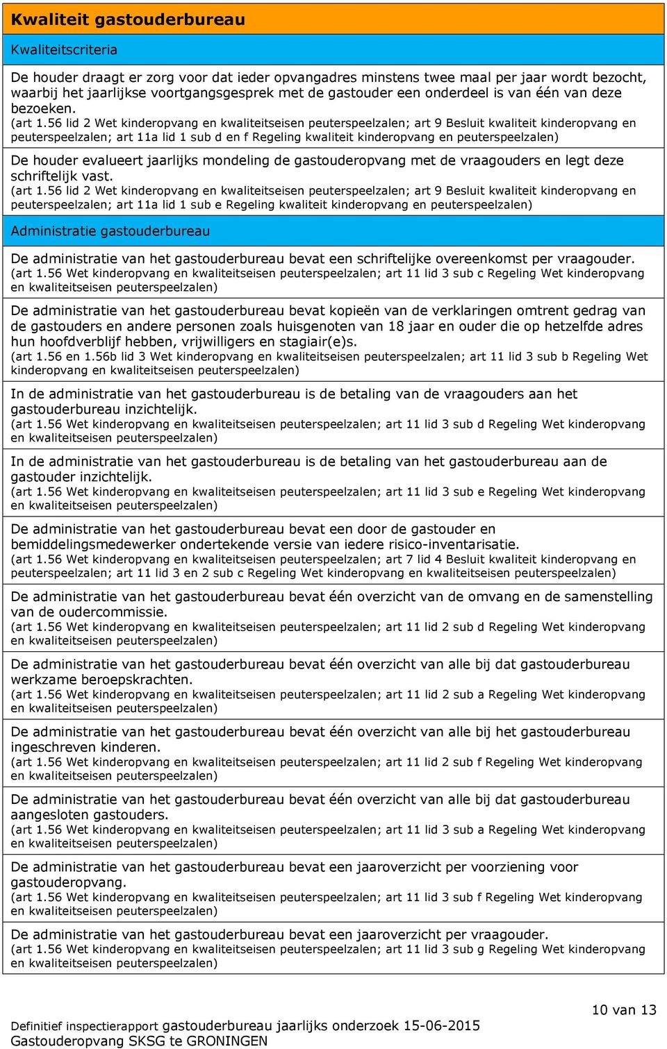 56 lid 2 Wet kinderopvang en kwaliteitseisen peuterspeelzalen; art 9 Besluit kwaliteit kinderopvang en peuterspeelzalen; art 11a lid 1 sub d en f Regeling kwaliteit kinderopvang en peuterspeelzalen)