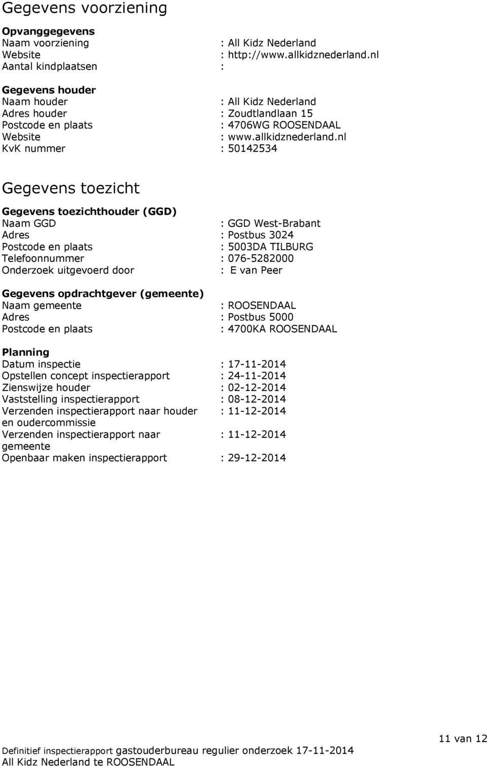 nl KvK nummer : 50142534 Gegevens toezicht Gegevens toezichthouder (GGD) Naam GGD : GGD West-Brabant Adres : Postbus 3024 Postcode en plaats : 5003DA TILBURG Telefoonnummer : 076-5282000 Onderzoek