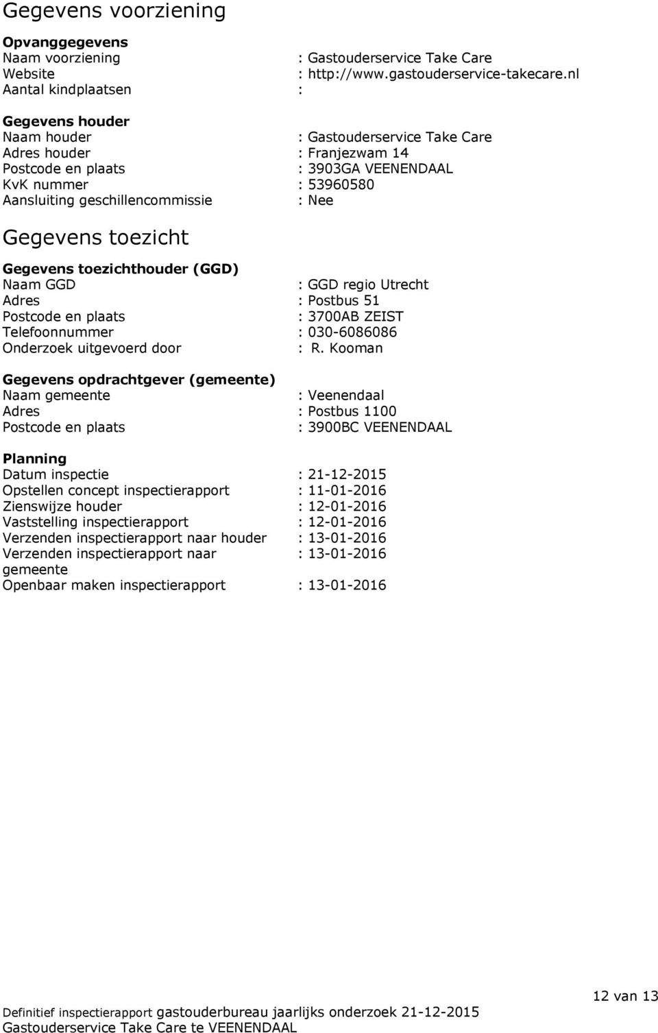 geschillencommissie : Nee Gegevens toezicht Gegevens toezichthouder (GGD) Naam GGD : GGD regio Utrecht Adres : Postbus 51 Postcode en plaats : 3700AB ZEIST Telefoonnummer : 030-6086086 Onderzoek