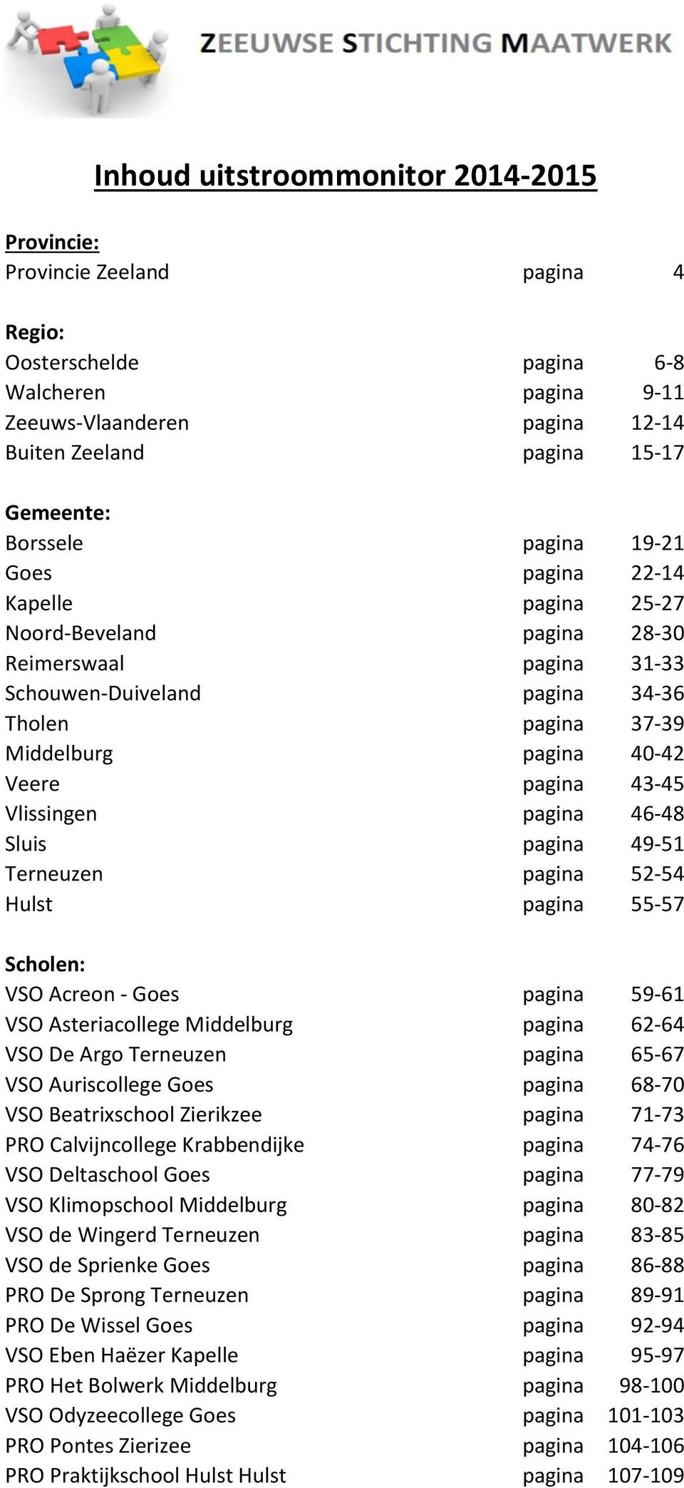 pagina 43-45 Vlissingen pagina 46-48 Sluis pagina 49-51 Terneuzen pagina 52-54 Hulst pagina 55-57 Scholen: VSO Acreon - Goes pagina 59-61 VSO Asteriacollege Middelburg pagina 62-64 VSO De Argo