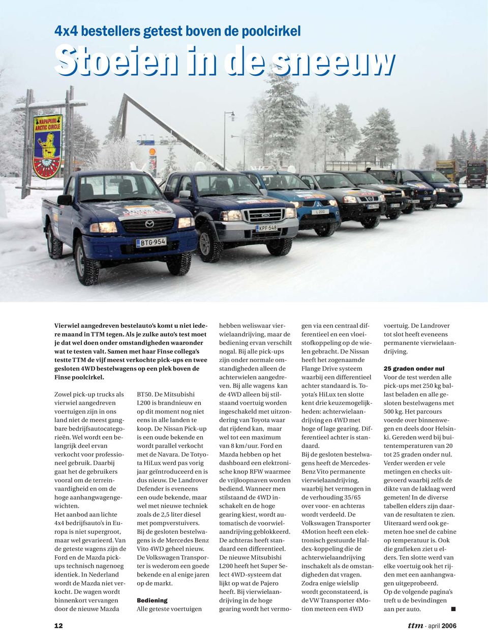 Samen met haar Finse collega s testte TTM de vijf meest verkochte pick-ups en twee gesloten 4WD bestelwagens op een plek boven de Finse poolcirkel.