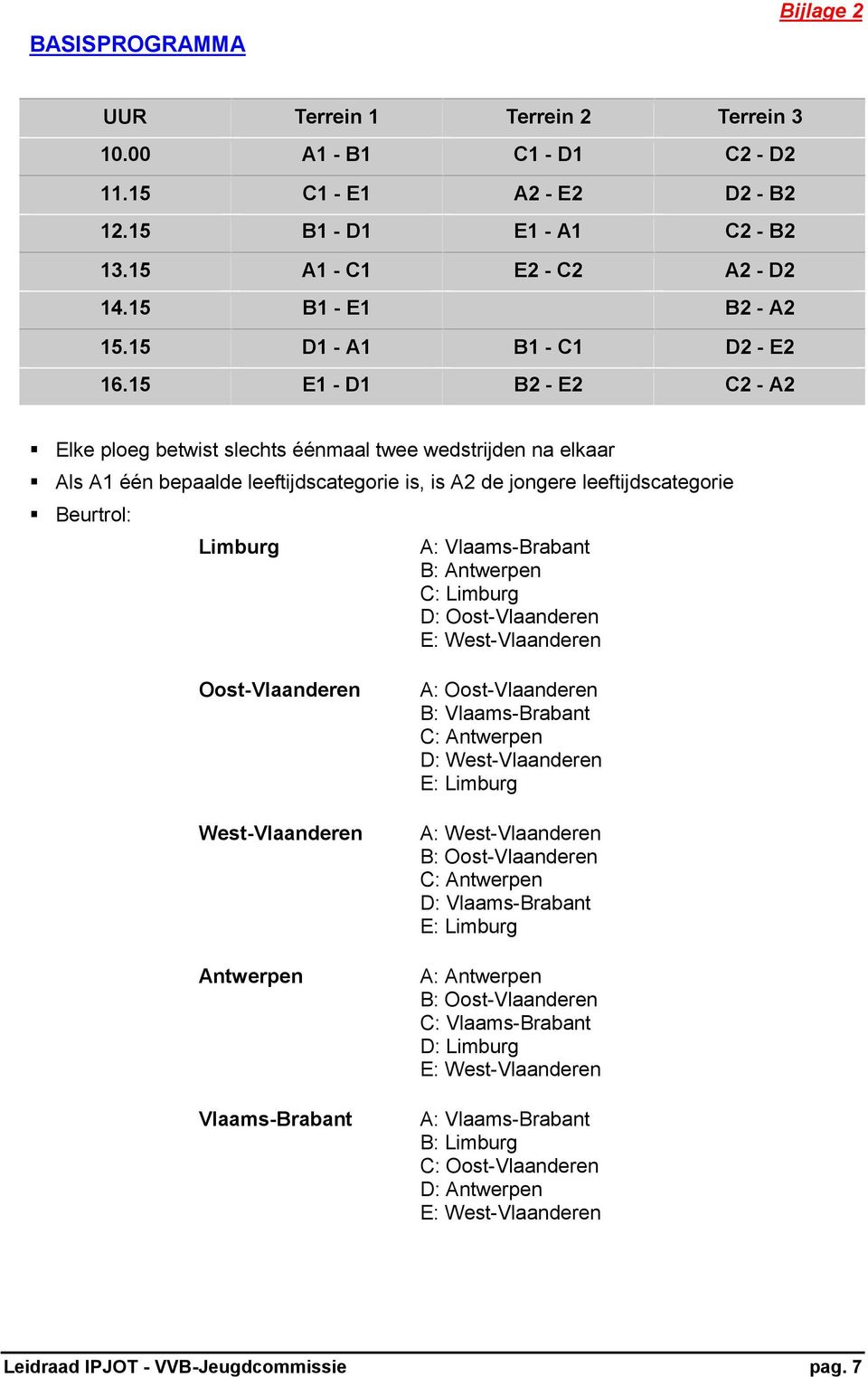 15 E1 - D1 B2 - E2 C2 - A2 Elke pleg betwist slechts éénmaal twee wedstrijden na elkaar Als A1 één bepaalde leeftijdscategrie is, is A2 de jngere leeftijdscategrie Beurtrl: Limburg A: Vlaams-Brabant