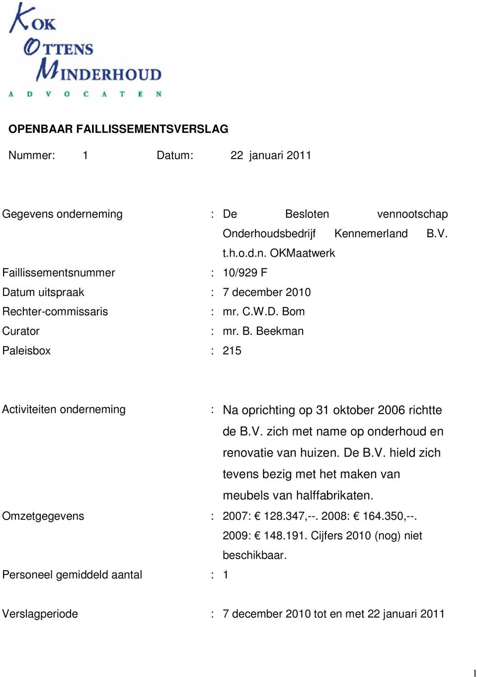 De B.V. hield zich tevens bezig met het maken van meubels van halffabrikaten. Omzetgegevens : 2007: 128.347,--. 2008: 164.350,--. 2009: 148.191.