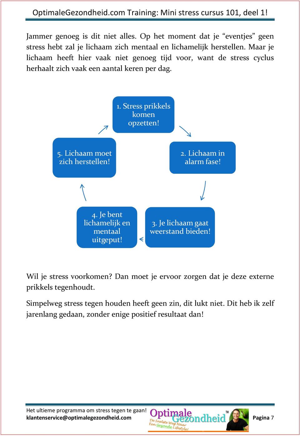 Lichaam moet zich herstellen! 2. Lichaam in alarm fase! 4. Je bent lichamelijk en mentaal uitgeput! 3. Je lichaam gaat weerstand bieden! Wil je stress voorkomen?