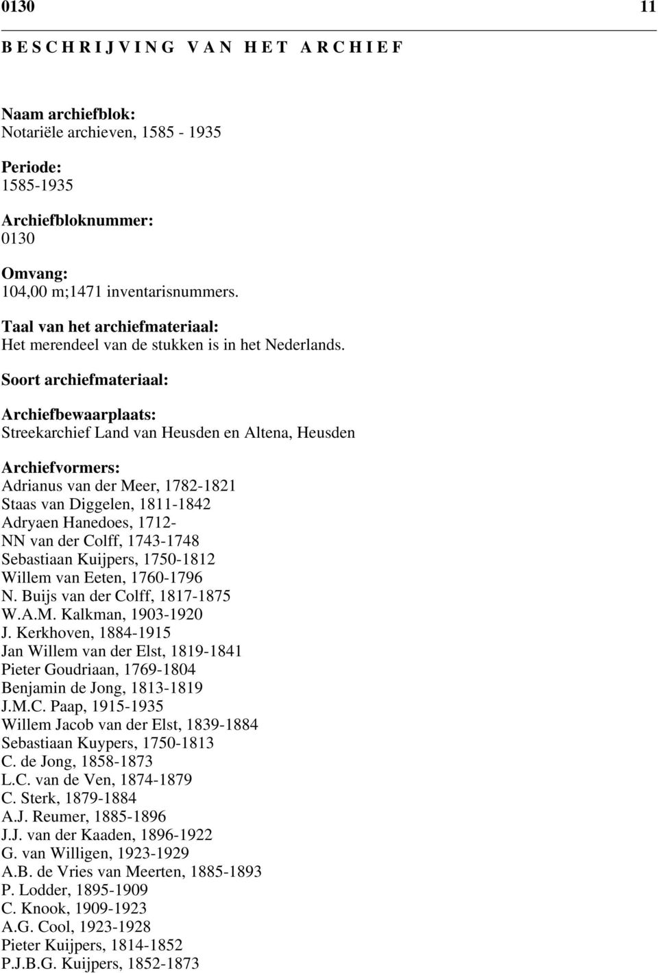 Soort archiefmateriaal: Archiefbewaarplaats: Streekarchief Land van Heusden en Altena, Heusden Archiefvormers: Adrianus van der Meer, 1782-1821 Staas van Diggelen, 1811-1842 Adryaen Hanedoes, 1712-