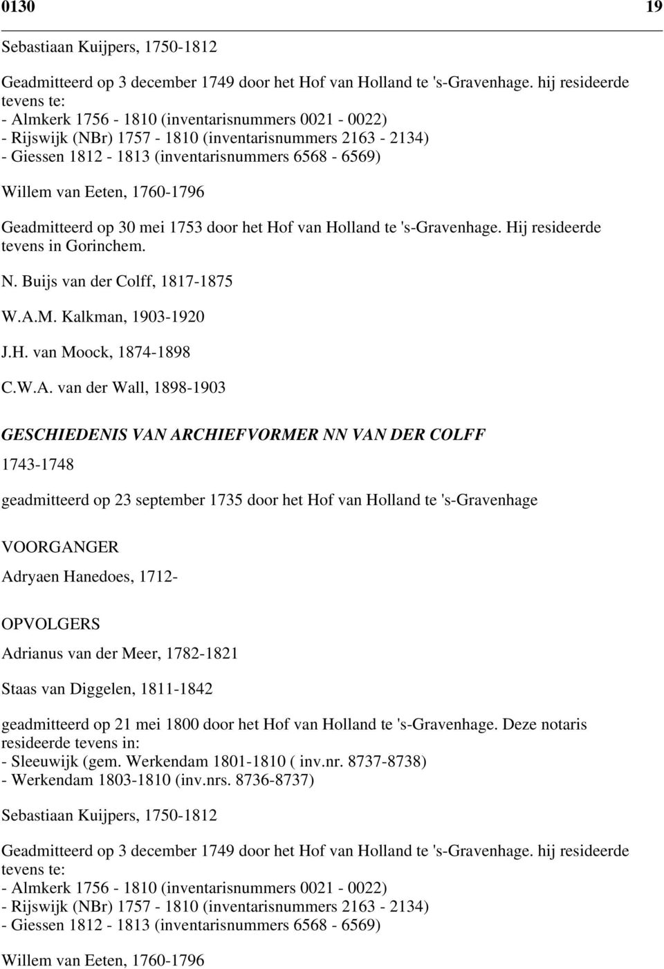 Eeten, 1760-1796 Geadmitteerd op 30 mei 1753 door het Hof van Holland te 's-gravenhage. Hij resideerde tevens in Gorinchem. N. Buijs van der Colff, 1817-1875 W.A.M. Kalkman, 1903-1920 J.H. van Moock, 1874-1898 C.