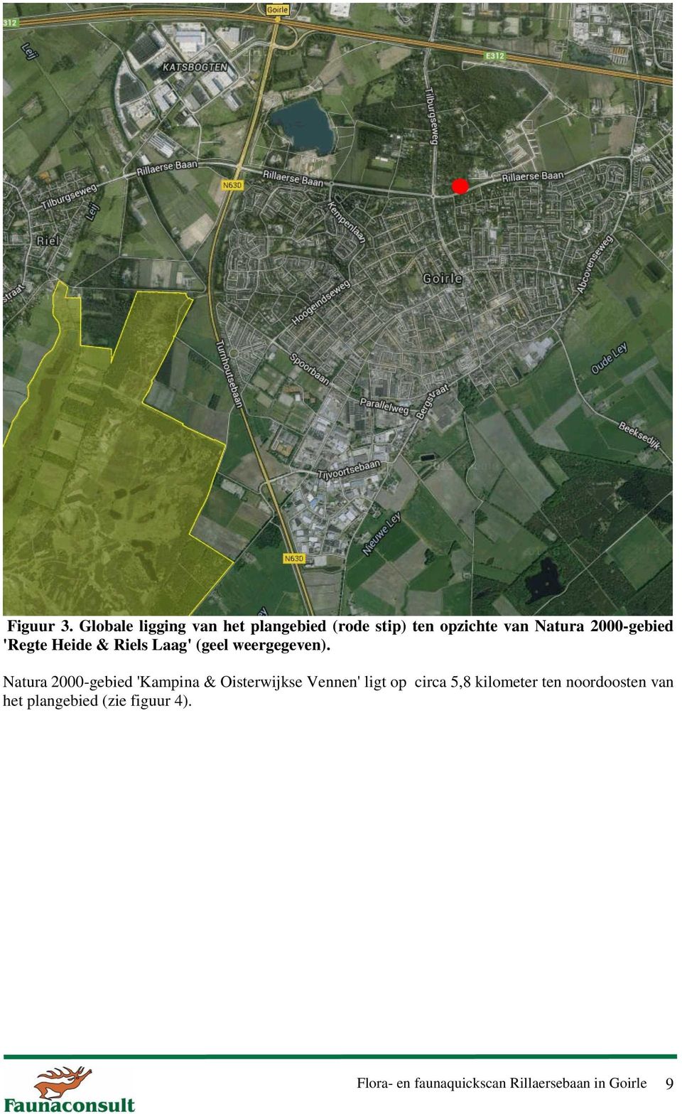 2000-gebied 'Regte Heide & Riels Laag' (geel weergegeven).