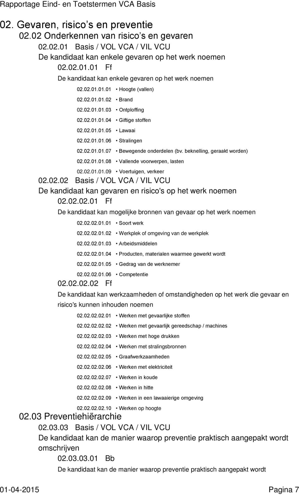 beknelling, geraakt worden) 02.02.01.01.08 Vallende voorwerpen, lasten 02.02.01.01.09 Voertuigen, verkeer 02.02.02 Basis / VOL VCA / VIL VCU De kandidaat kan gevaren en risico's op het werk noemen 02.