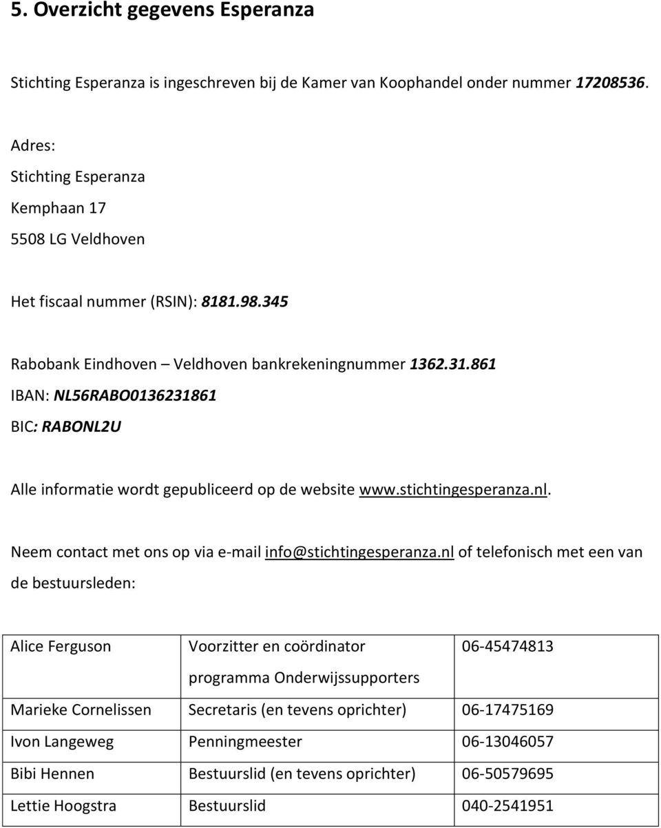 861 IBAN: NL56RABO0136231861 BIC: RABONL2U Alle informatie wordt gepubliceerd op de website www.stichtingesperanza.nl. Neem contact met ons op via e-mail info@stichtingesperanza.