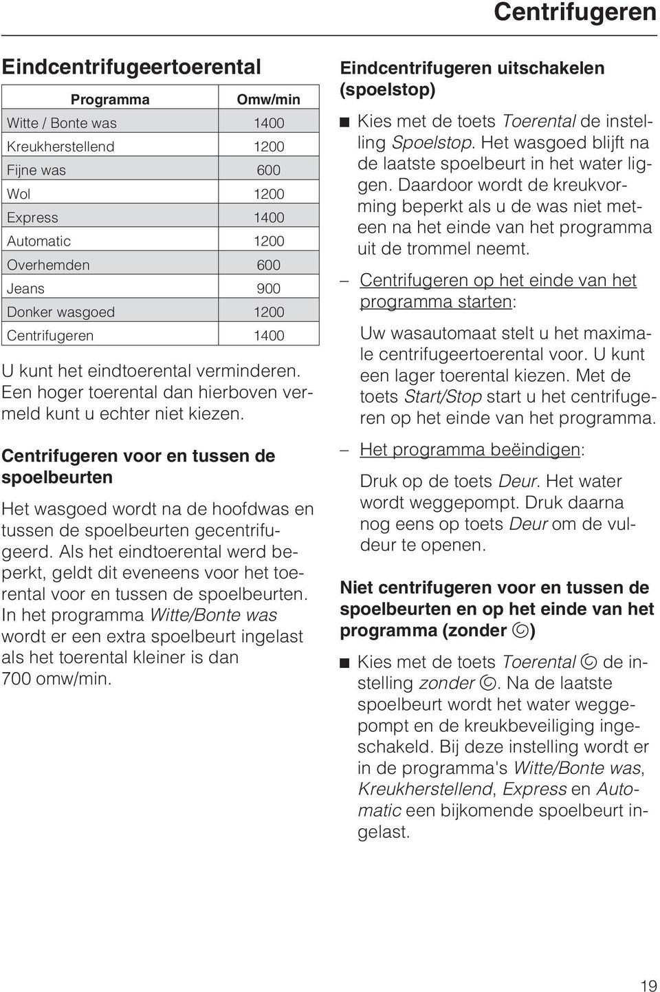 Centrifugeren voor en tussen de spoelbeurten Het wasgoed wordt na de hoofdwas en tussen de spoelbeurten gecentrifugeerd.