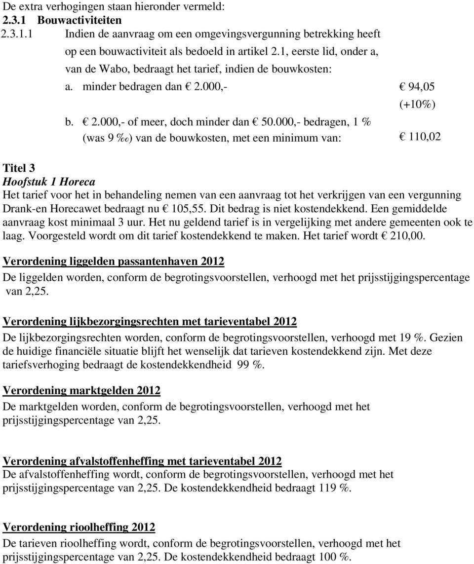 000,- bedragen, 1 % (was 9 ) van de bouwkosten, met een minimum van: 110,02 Titel 3 Hoofstuk 1 Horeca Het tarief voor het in behandeling nemen van een aanvraag tot het verkrijgen van een vergunning