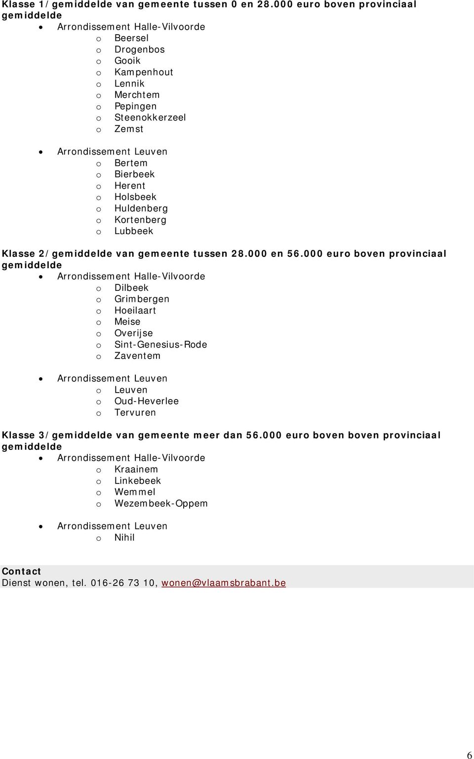 o Bierbeek o Herent o Holsbeek o Huldenberg o Kortenberg o Lubbeek Klasse 2/gemiddelde van gemeente tussen 28.000 en 56.