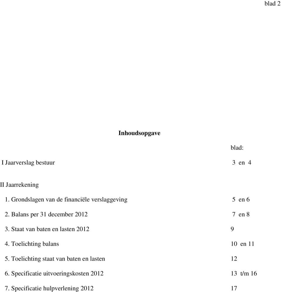 Staat van baten en lasten 2012 9 4. Toelichting balans 10 en 11 5.