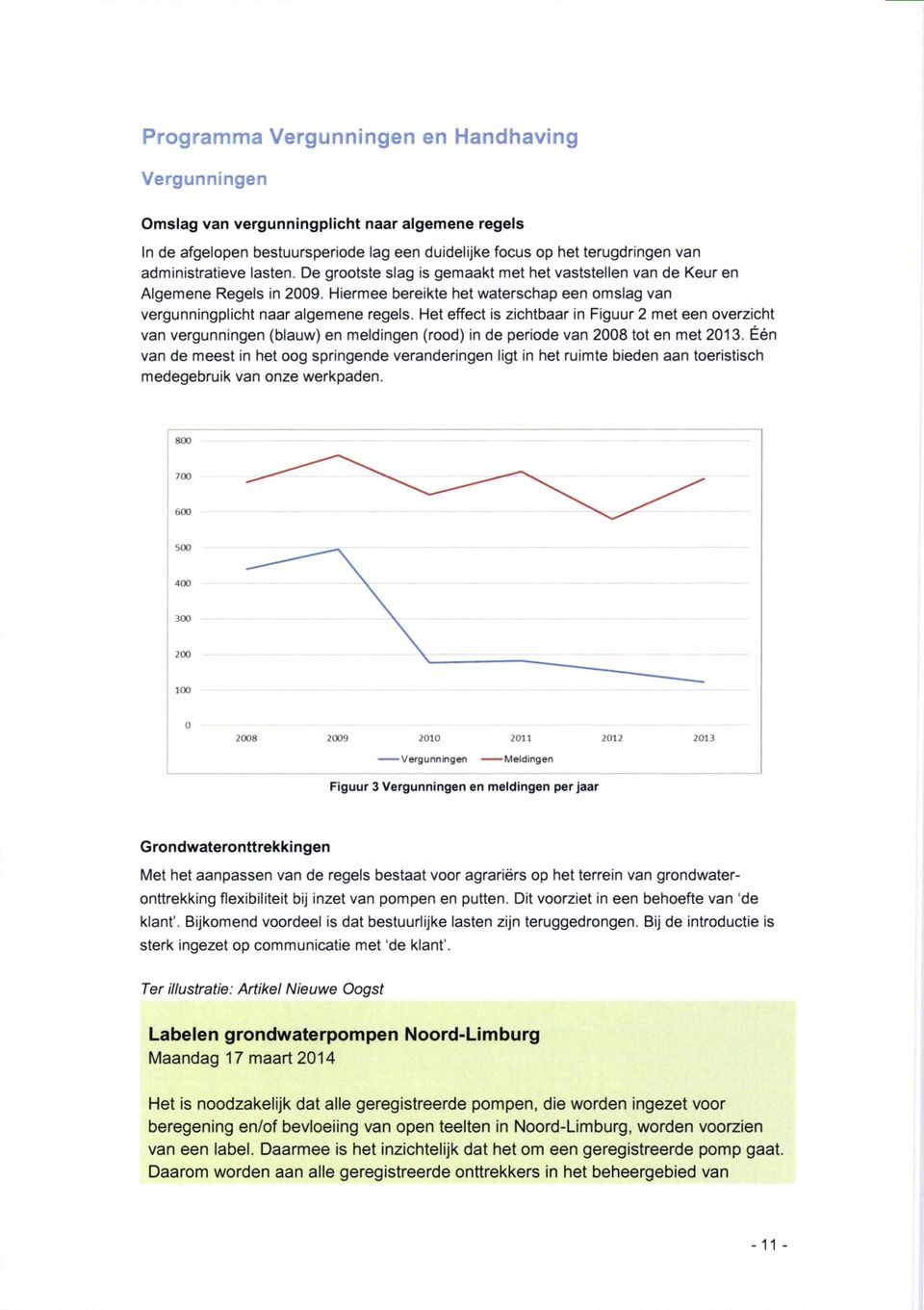 Het effect is zichtbaar in Figuur 2 met een overzicht van vergunningen (blauw) en meldingen (rood) in de periode van 2008 tot en met 2013.