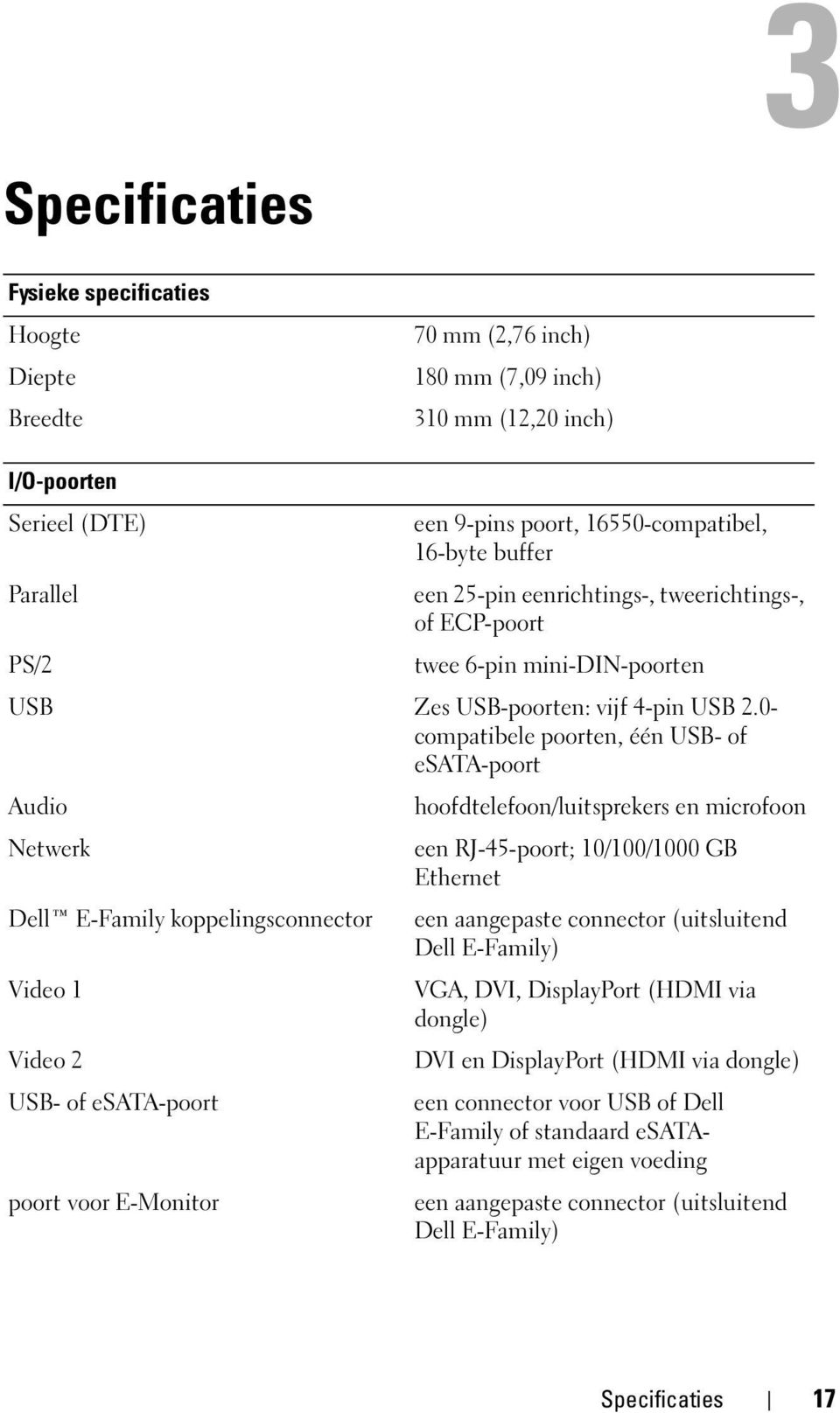 0- compatibele poorten, één USB- of esata-poort Audio hoofdtelefoon/luitsprekers en microfoon Netwerk een RJ-45-poort; 10/100/1000 GB Ethernet Dell E-Family koppelingsconnector een aangepaste