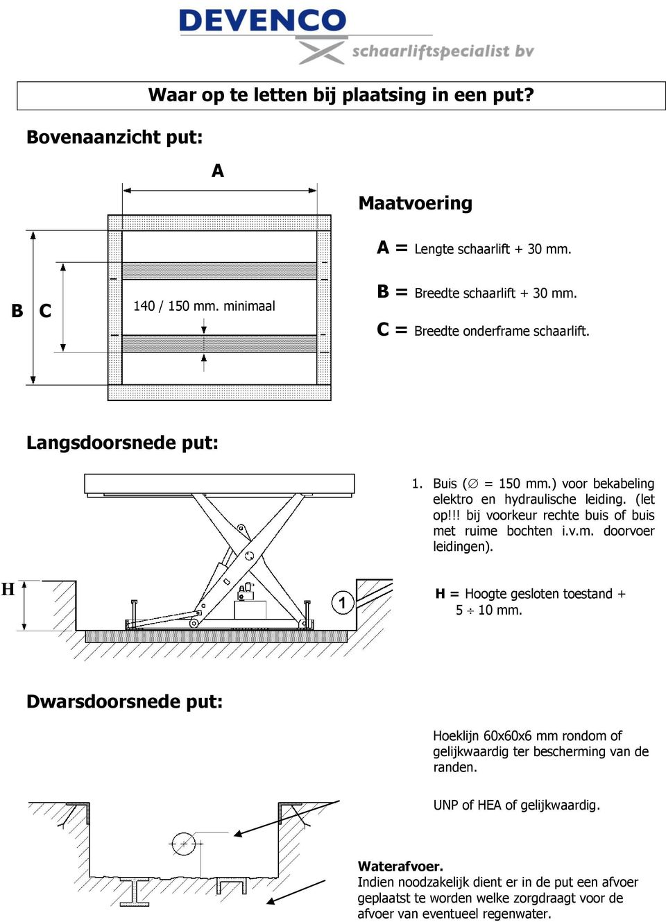 !! bij voorkeur rechte buis of buis met ruime bochten i.v.m. doorvoer leidingen). H H = Hoogte gesloten toestand + 5 10 mm.