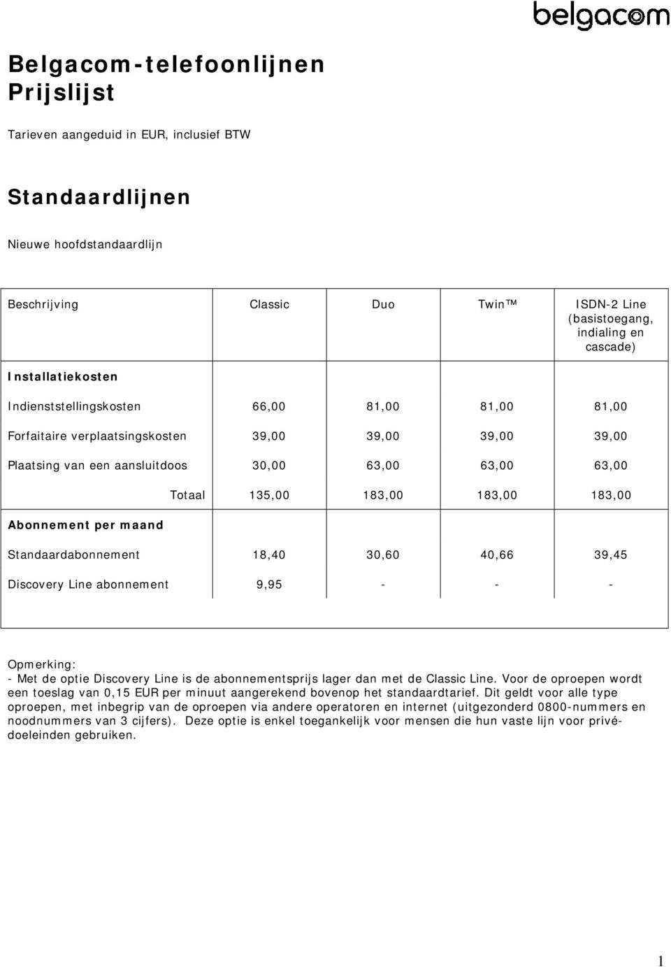 Line is de abonnementsprijs lager dan met de Classic Line. Voor de oproepen wordt een toeslag van 0,15 EUR per minuut aangerekend bovenop het standaardtarief.