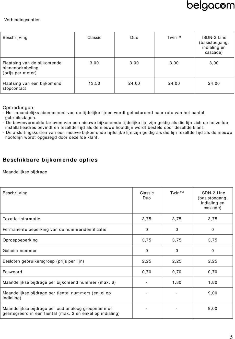 - De bovenvermelde tarieven van een nieuwe bijkomende tijdelijke lijn zijn geldig als die lijn zich op hetzelfde installatieadres bevindt en tezelfdertijd als de nieuwe hoofdlijn wordt besteld door