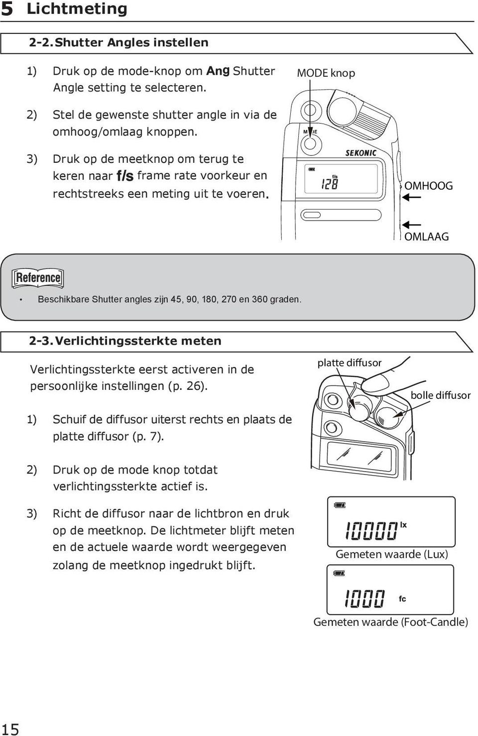 2-3. Verlichtingssterkte meten Verlichtingssterkte eerst activeren in de persoonlijke instellingen (p. 26). 1) Schuif de diffusor uiterst rechts en plaats de platte diffusor (p. 7).