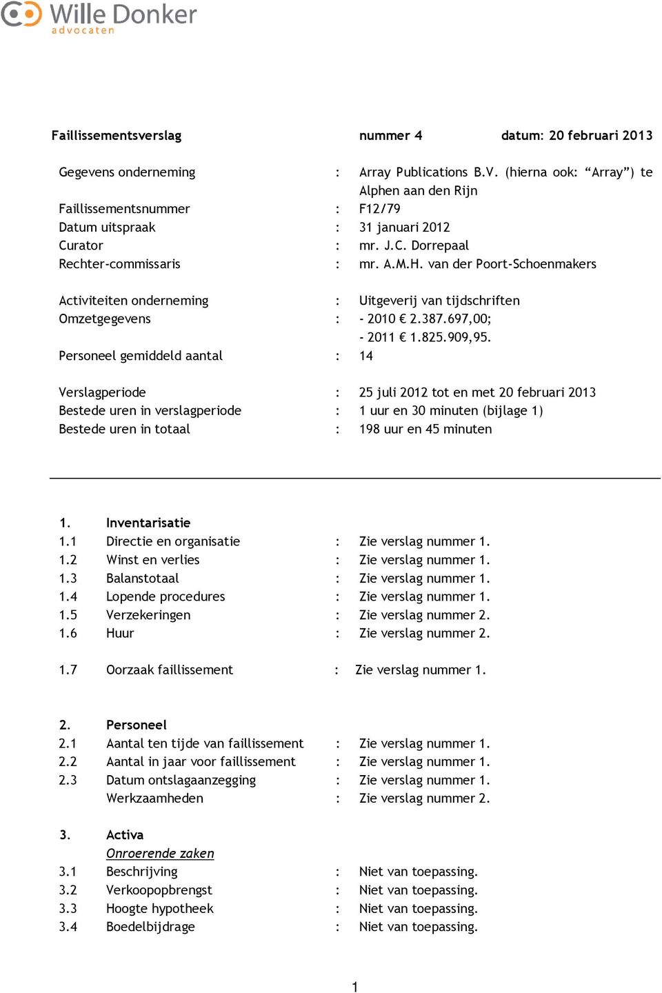 van der Poort-Schoenmakers Activiteiten onderneming : Uitgeverij van tijdschriften Omzetgegevens : - 2010 2.387.697,00; - 2011 1.825.909,95.