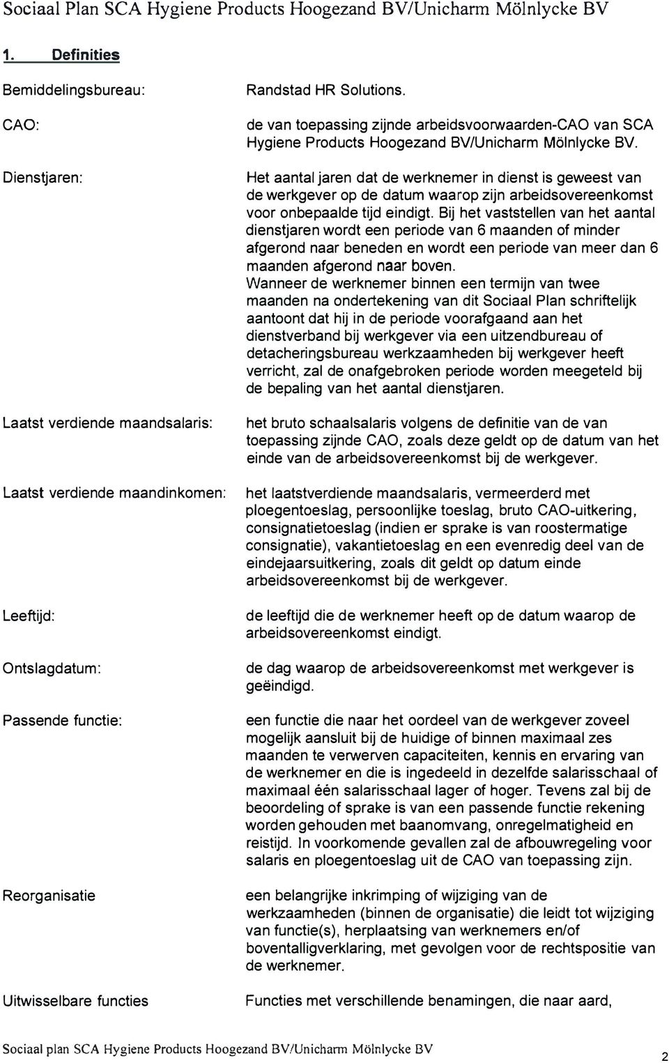 HR Solutions. de van toepassing zijnde arbeidsvoorwaarden-cao van SCA Hygiene Products Hoogezand BV/Unicharm Mölnlycke BV.