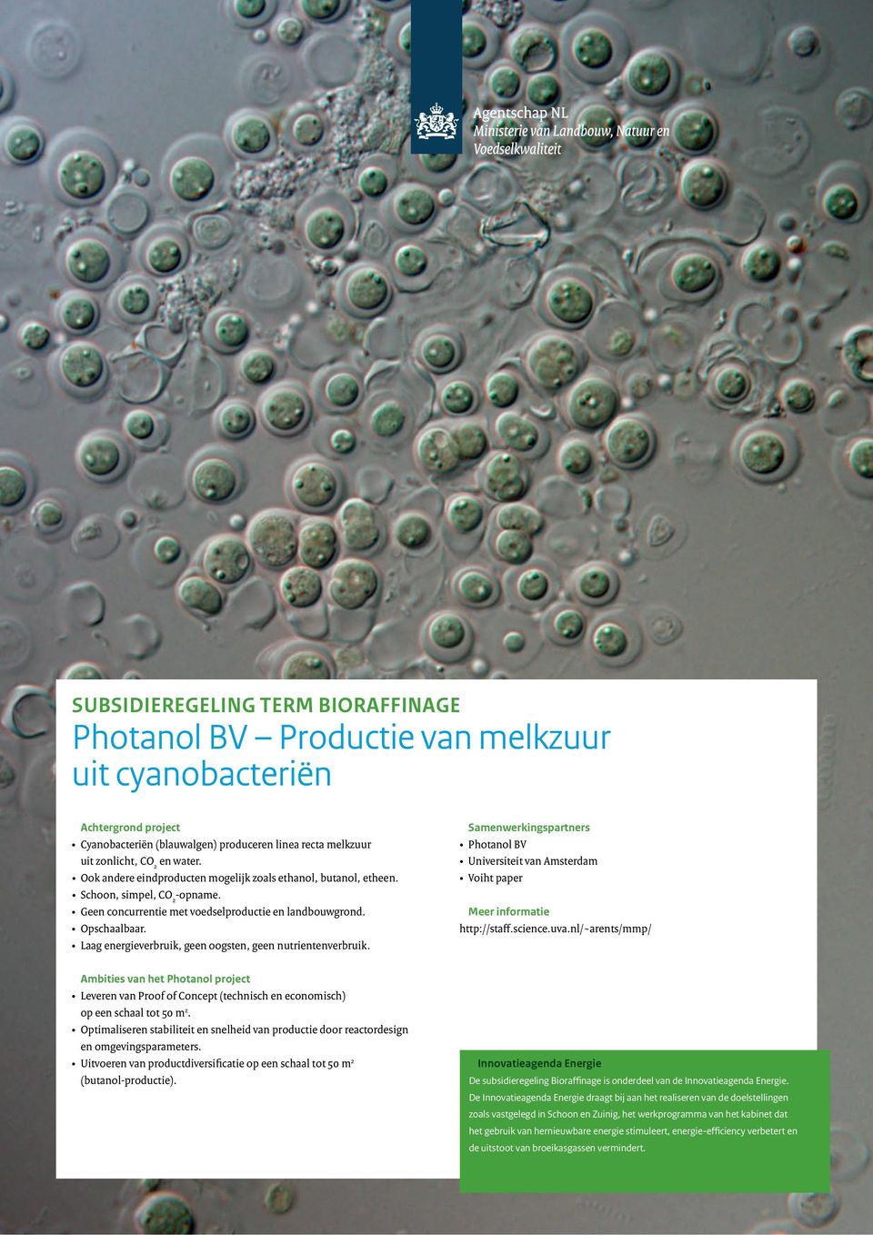 Laag energieverbruik, geen oogsten, geen nutrientenverbruik. Photanol BV Universiteit van Amsterdam Voiht paper http://staff.science.uva.