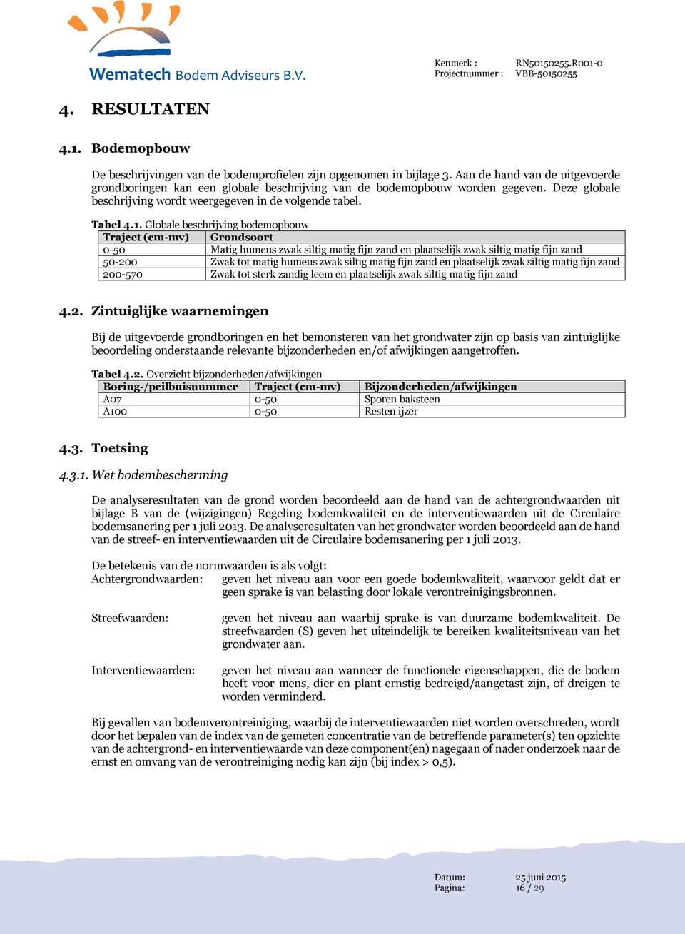 . Globale beschrijving bodemopbouw Traject (cm-mv) Grondsoort -5 Matig humeus zwak siltig matig fijn zand en plaatselijk zwak siltig matig fijn zand 5-2 Zwak tot matig humeus zwak siltig matig fijn