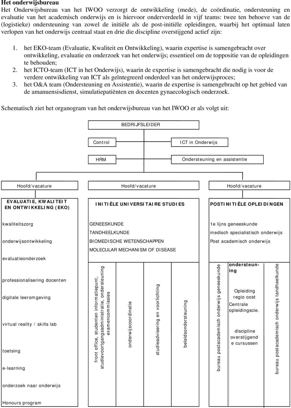 ht EKO-tam (Evaluati, Kwalitit n Ontwikkling), waarin xprtis is samngbracht ovr ontwikkling, valuati n ondrzok van ht ondrwijs; ssntil om d toppositi van d oplidingn t bhoudn; 2.