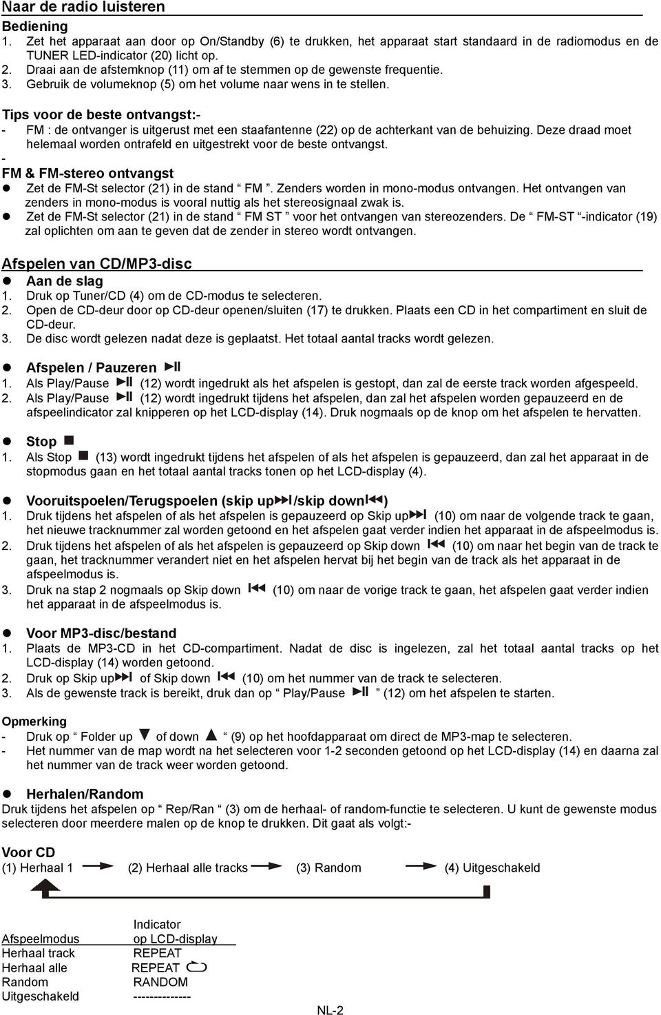 Tips voor de beste ontvangst:- - FM : de ontvanger is uitgerust met een staafantenne (22) op de achterkant van de behuizing.