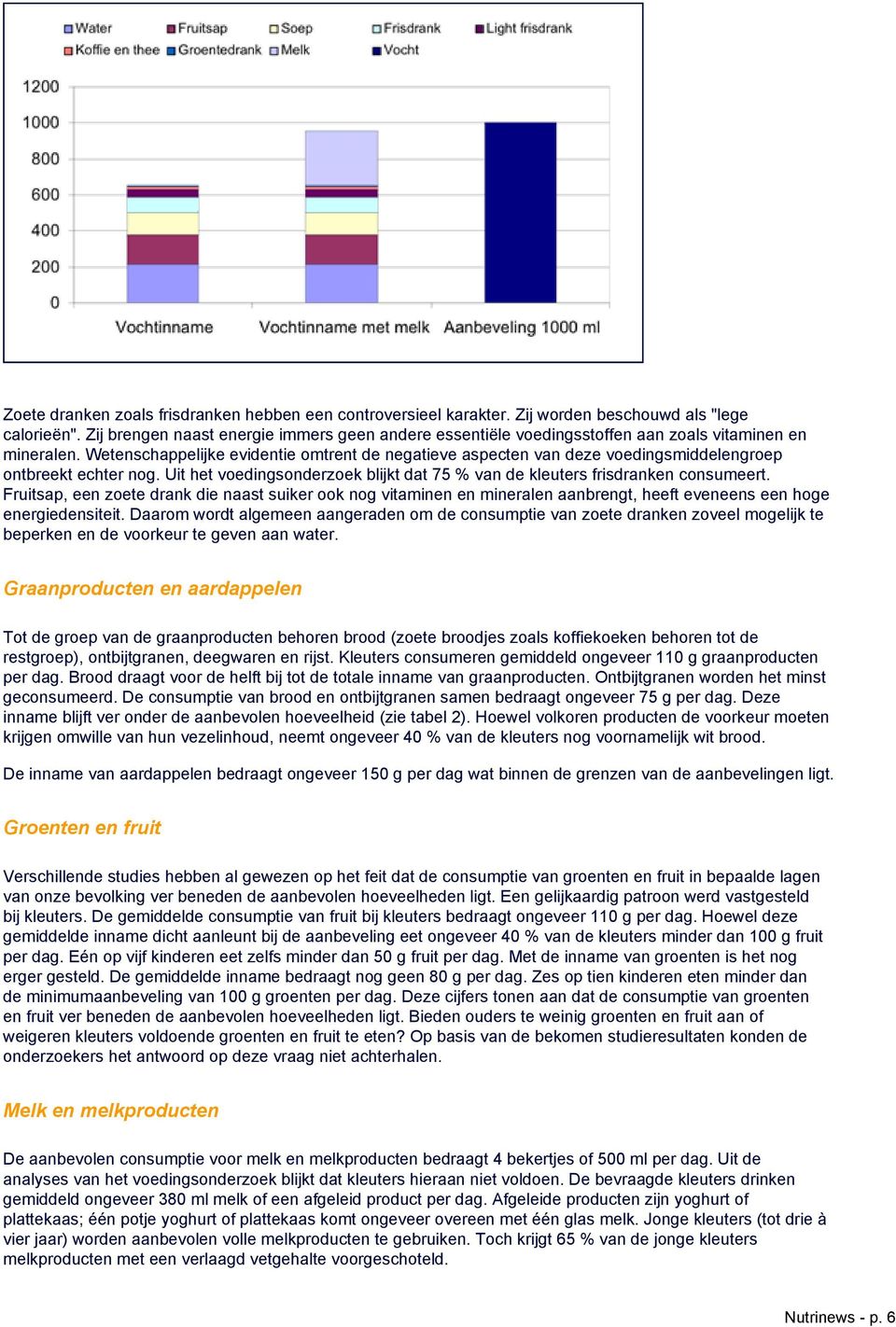 Wetenschappelijke evidentie omtrent de negatieve aspecten van deze voedingsmiddelengroep ontbreekt echter nog. Uit het voedingsonderzoek blijkt dat 75 % van de kleuters frisdranken consumeert.