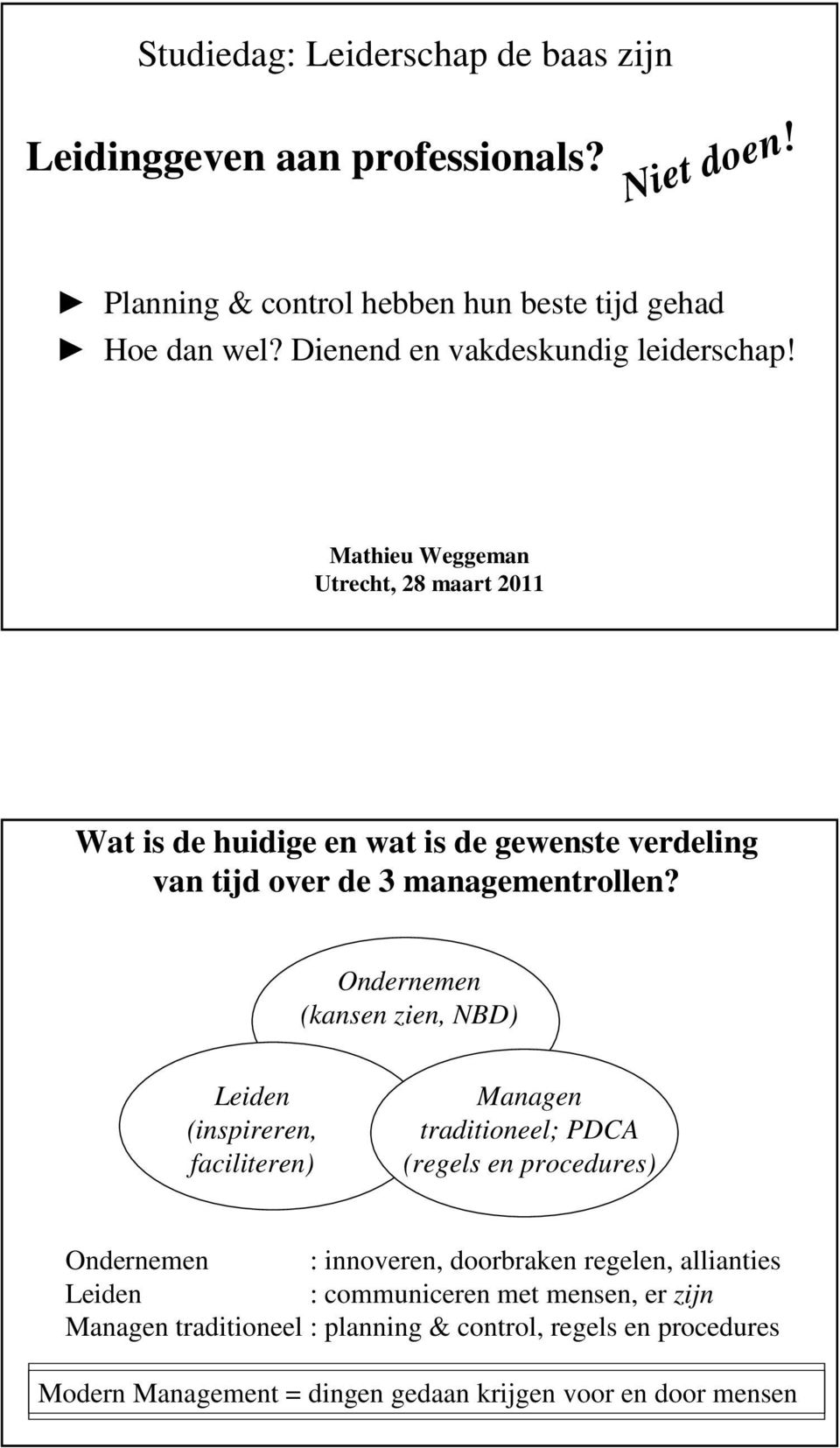 Mathieu Weggeman Utrecht, 28 maart 2011 Wat is de huidige en wat is de gewenste verdeling van tijd over de 3 managementrollen?