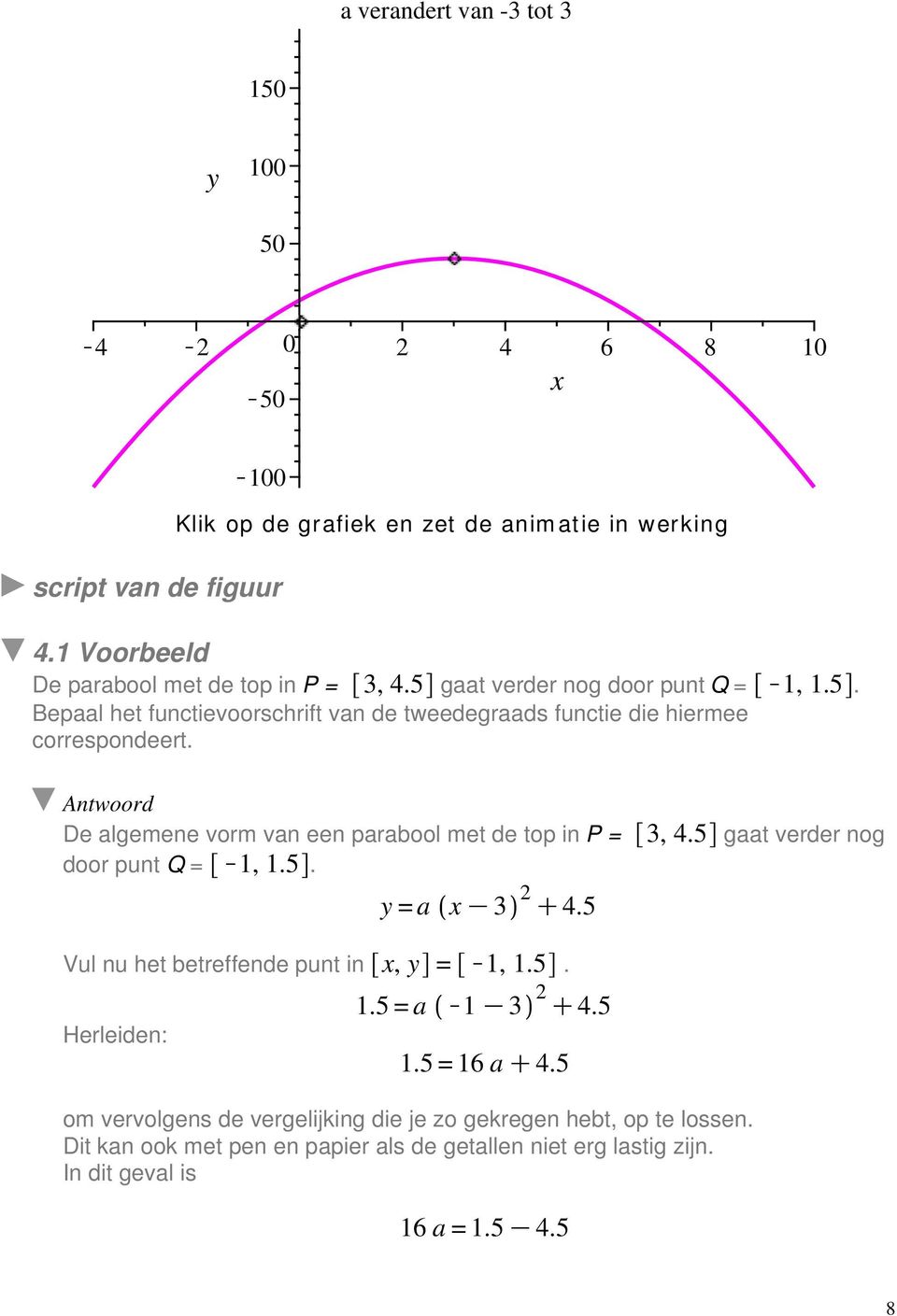 De algemene vorm van een parabool met de top in P = 3, 4.5 gaat verder nog door punt Q = K1, 1.5. y = a x K3 2 C4.5 Vul nu het betreffende punt in x, y = K1, 1.5. Herleiden: 1.