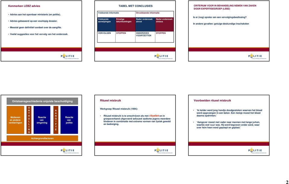 EXPERTISEGROEP (LEBZ) Is er (nog) sprake van een vervolgingsbeslissing? In andere gevallen: getuige-deskundige inschakelen Veelal suggesties voor het vervolg van het onderzoek.