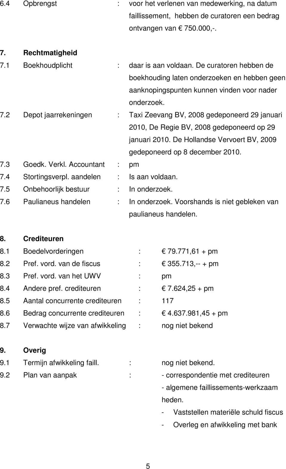 2 Depot jaarrekeningen : Taxi Zeevang BV, 2008 gedeponeerd 29 januari 2010, De Regie BV, 2008 gedeponeerd op 29 januari 2010. De Hollandse Vervoert BV, 2009 gedeponeerd op 8 december 2010. 7.3 Goedk.