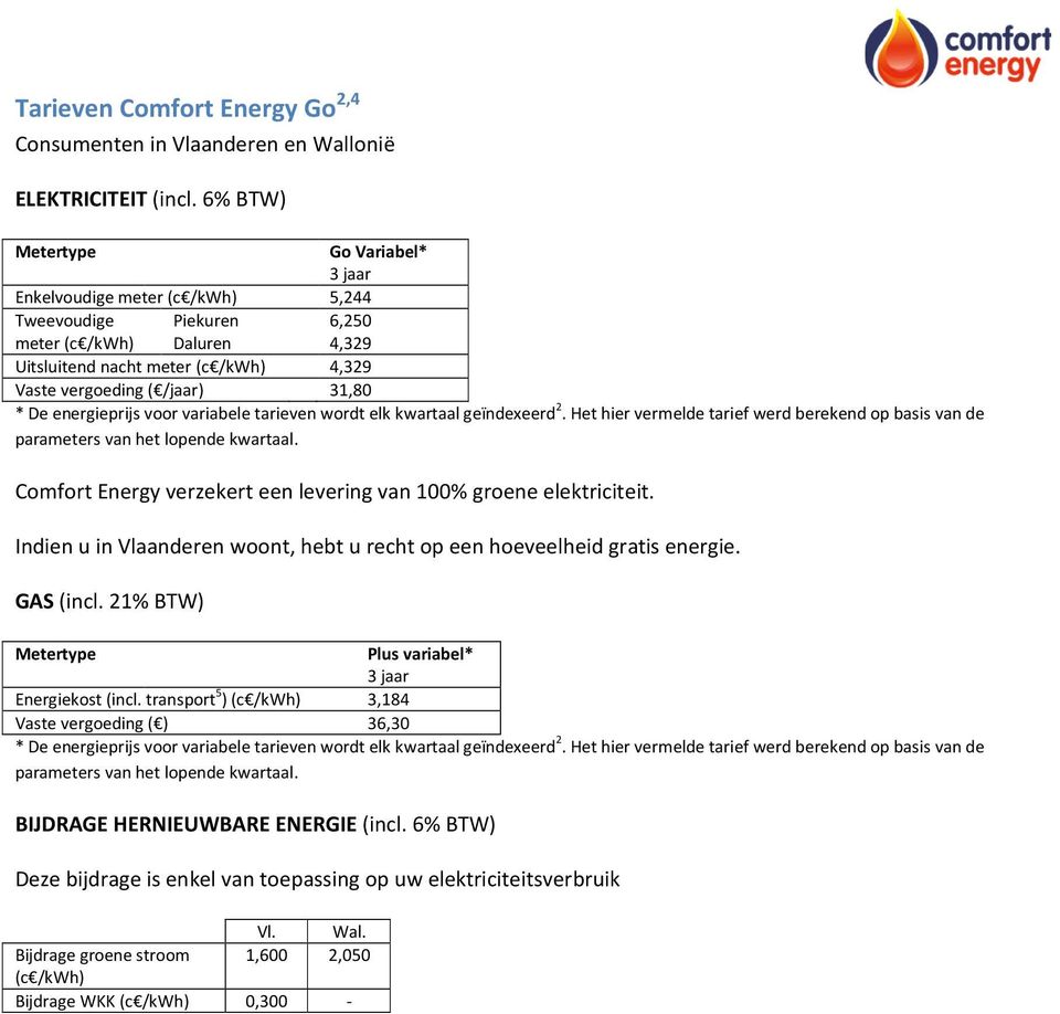 Energy verzekert een levering van 100% groene elektriciteit. Indien u in Vlaanderen woont, hebt u recht op een hoeveelheid gratis energie. GAS (incl.