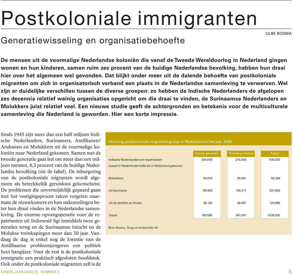Dat blijkt onder meer uit de dalende behoefte van postkoloniale migranten om zich in organisatorisch verband een plaats in de Nederlandse samenleving te verwerven.