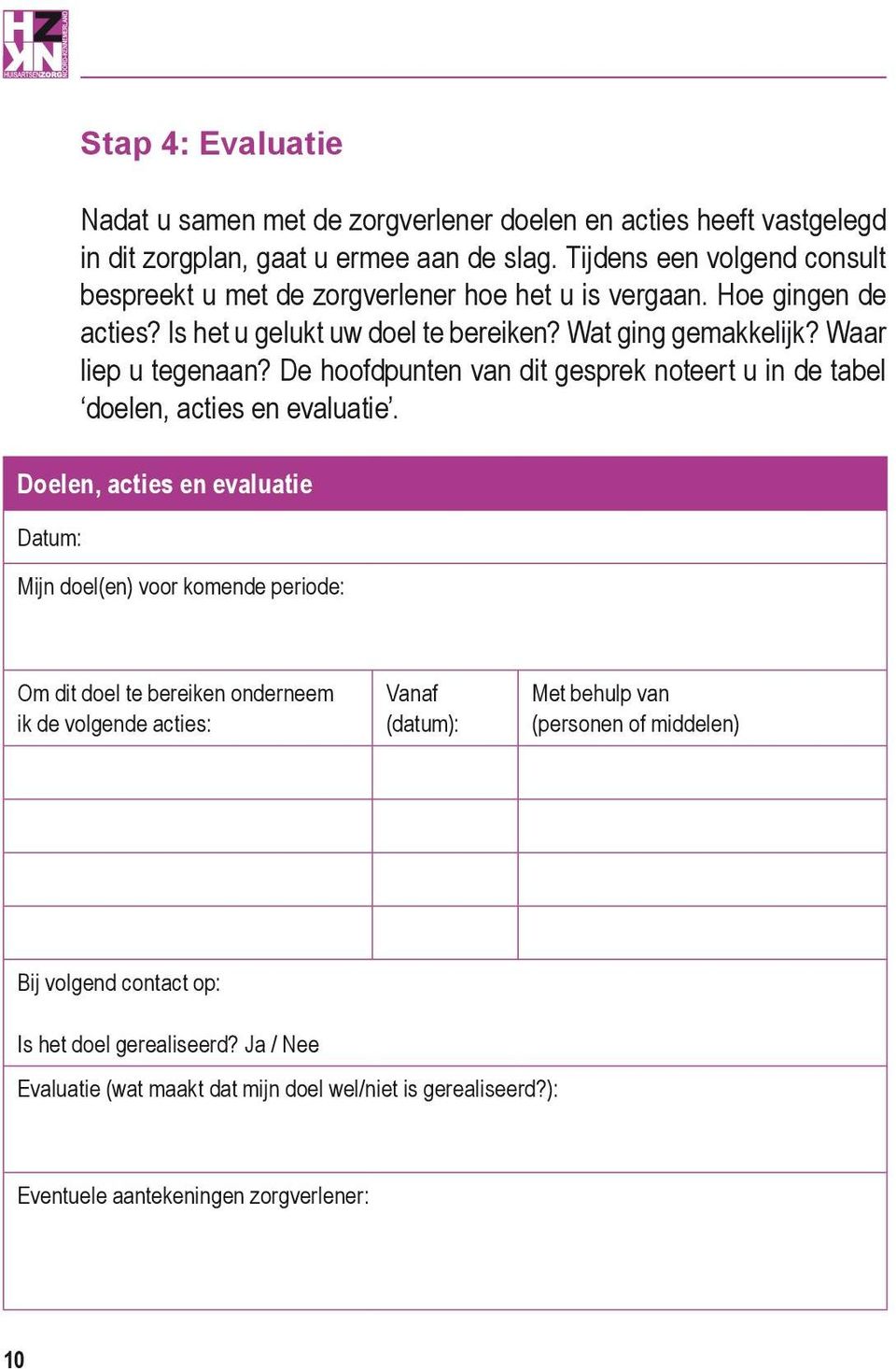 De hoofdpunten van dit gesprek noteert u in de tabel doelen, acties en evaluatie.