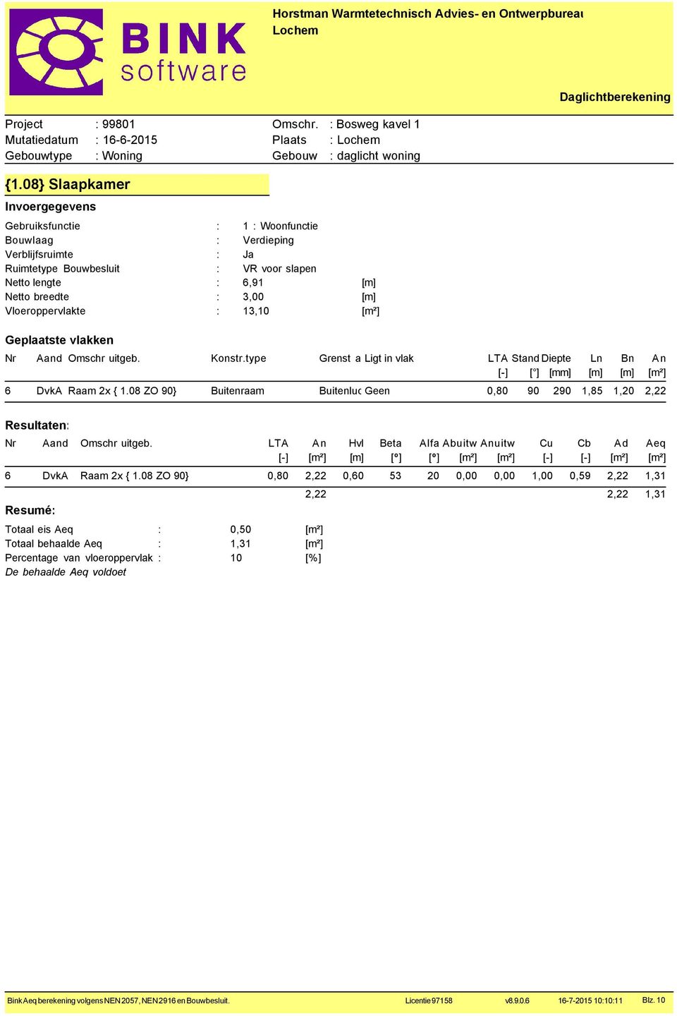 Vloeroppervlakte : 13,10 [m²] Geplaatste vlakken: Daglichtberekening Nr Aand Omschr uitgeb. Konstr.type Grenst aanligt in vlak LTA Stand Diepte Ln Bn An [-] [ ] [mm] [m] [m] [m²] 6 DvkA Raam 2x { 1.