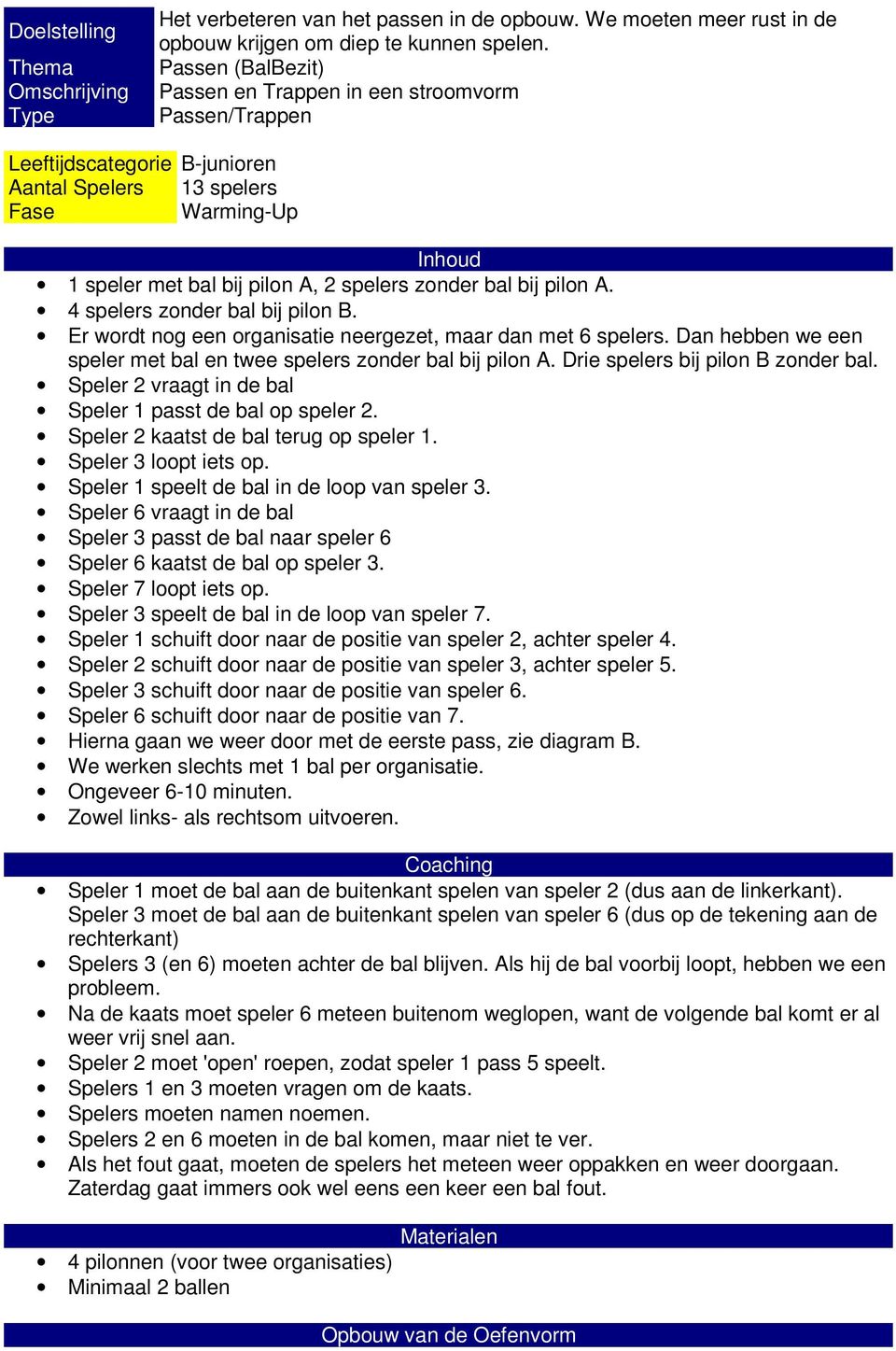 pilon A. 4 spelers zonder bal bij pilon B. Er wordt nog een organisatie neergezet, maar dan met 6 spelers. Dan hebben we een speler met bal en twee spelers zonder bal bij pilon A.