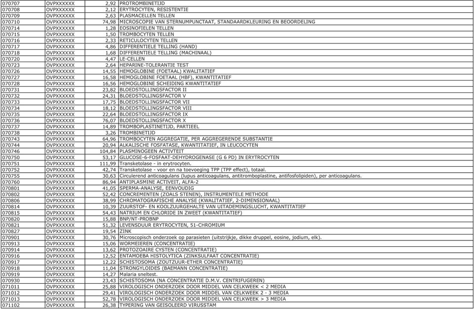 TELLING (HAND) 070718 OVPXXXXXX 1,68 DIFFERENTIELE TELLING (MACHINAAL) 070720 OVPXXXXXX 4,47 LE-CELLEN 070723 OVPXXXXXX 2,64 HEPARINE-TOLERANTIE TEST 070726 OVPXXXXXX 14,55 HEMOGLOBINE (FOETAAL)