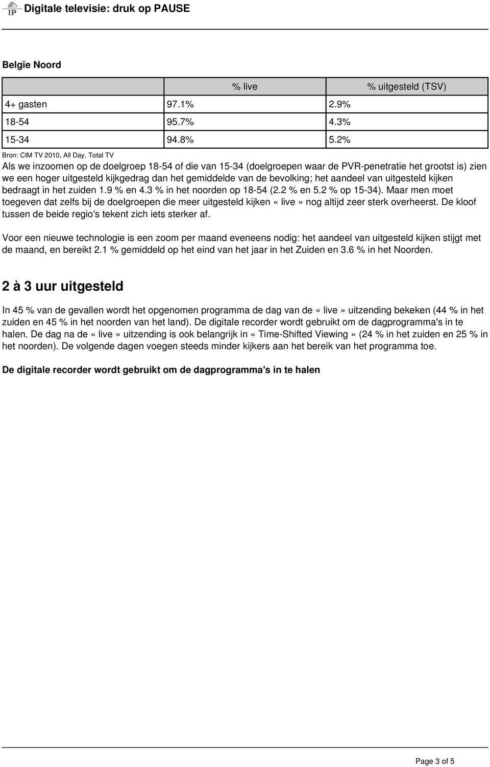 gemiddelde van de bevolking; het aandeel van uitgesteld kijken bedraagt in het zuiden 1.9 % en 4.3 % in het noorden op 18-54 (2.2 % en 5.2 % op 15-34).