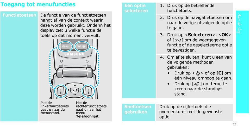 Druk op <Selecteren>, <OK> of [ ] om de weergegeven functie of de geselecteerde optie te bevestigen. 4.