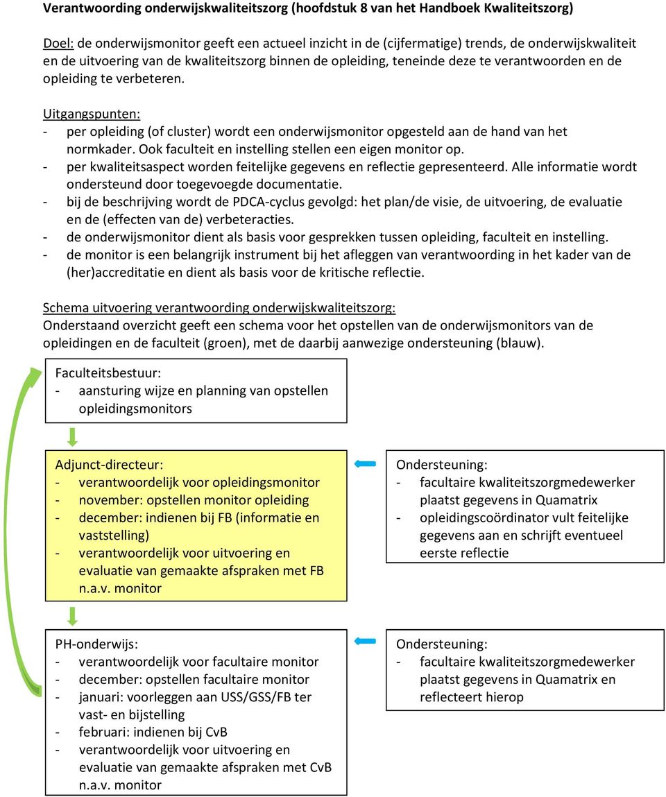 - per opleiding (of cluster) wordt een onderwijsmonitor opgesteld aan de hand van het normkader. Ook faculteit en instelling stellen een eigen monitor op.