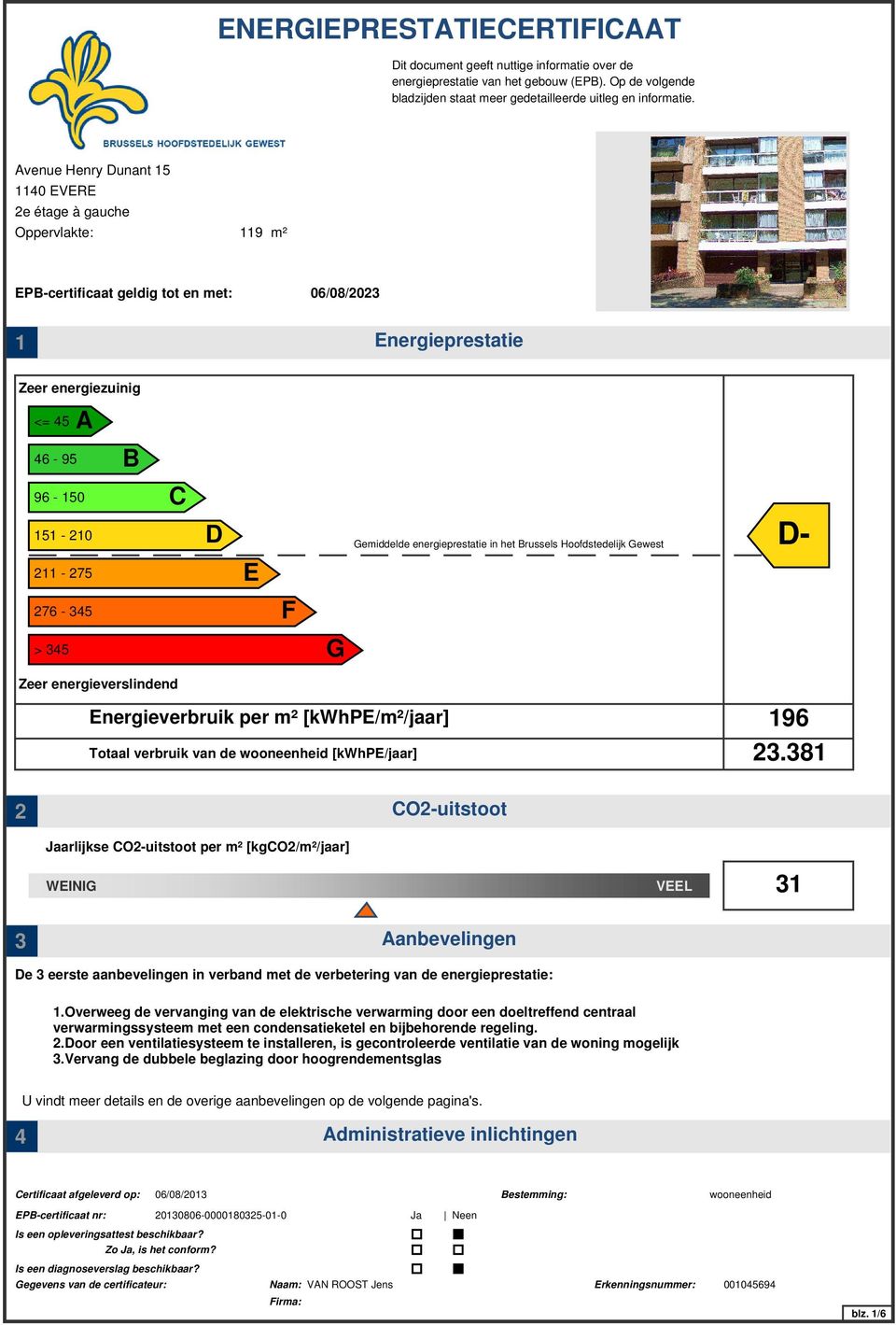 Hoofdstedelijk Gewest D- 211-275 E 276-45 F > 45 G Zeer energieverslindend Energieverbruik per m² [kwhpe/m²/jaar] Totaal verbruik van de wooneenheid [kwhpe/jaar] 196 2.