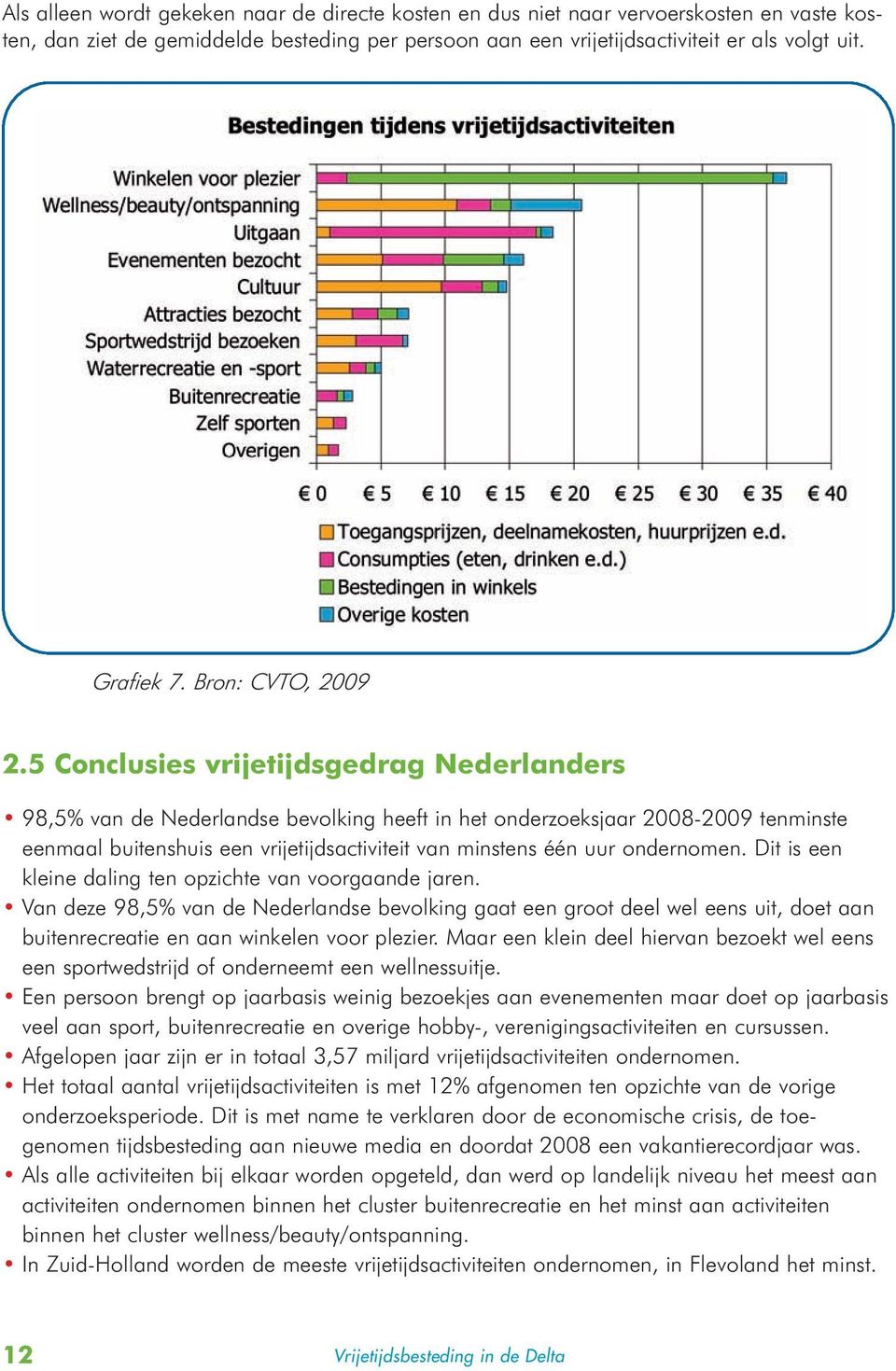 5 Conclusies vrijetijdsgedrag Nederlanders 98,5% van de Nederlandse bevolking heeft in het onderzoeksjaar 2008-2009 tenminste eenmaal buitenshuis een vrijetijdsactiviteit van minstens één uur